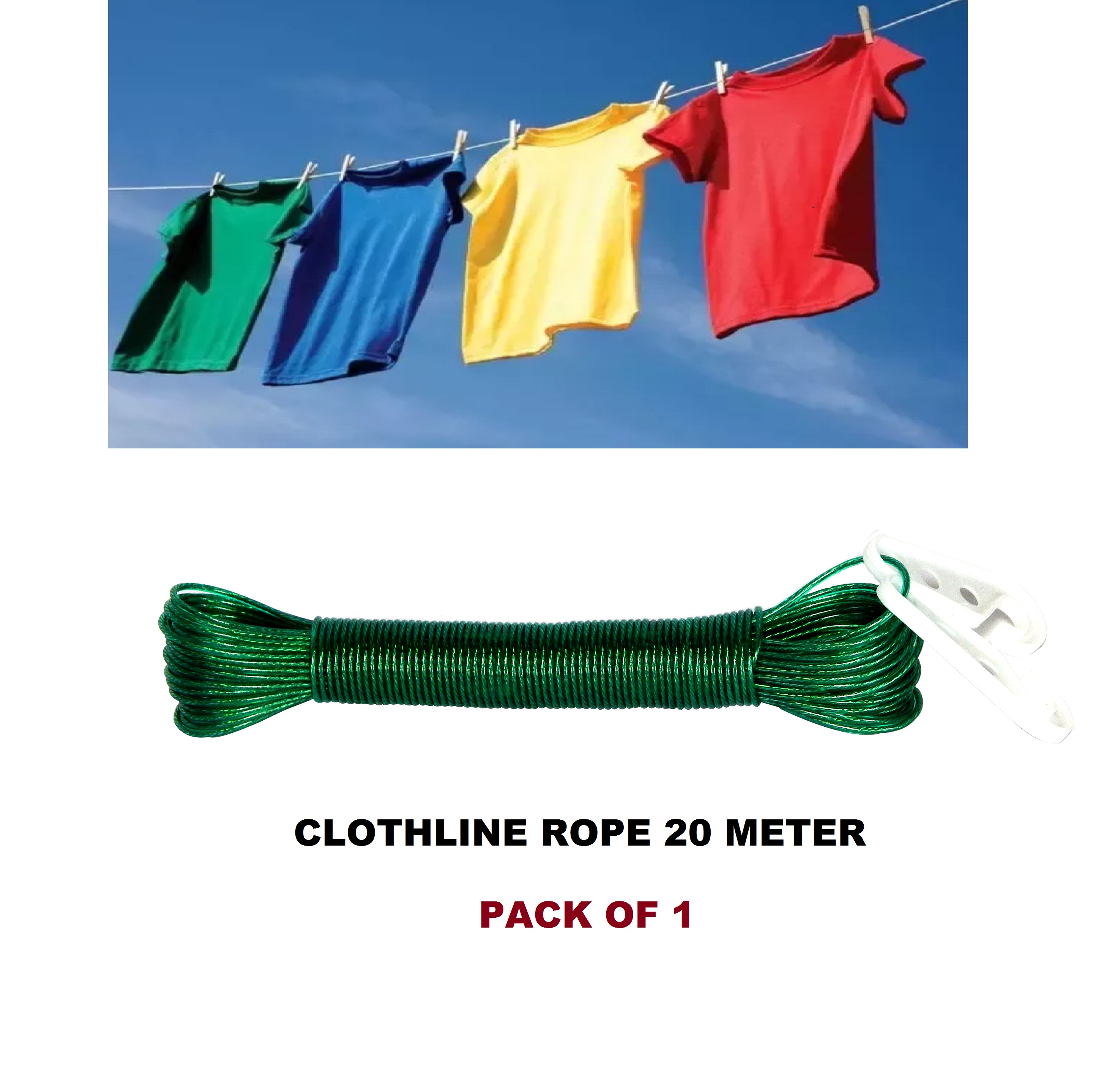 Heavy Duty Wet Cloth Laundry Rope PVC Coated Metal Anti-Rust Cloth Drying Wire, Clothesline for Balcony Home Terrace Garden with 2 Plastic Clips, Plastic Retractable Clothesline 20 Meter Length, Pack of 01